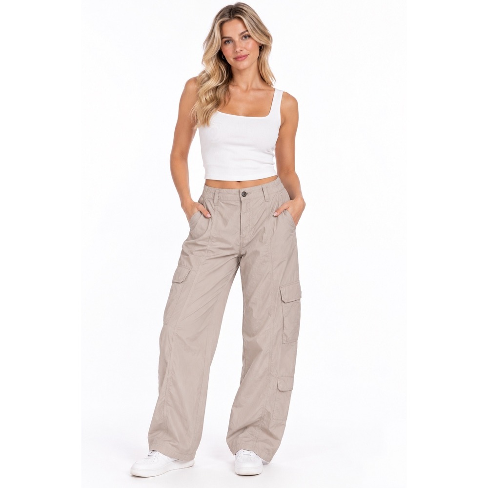 Zara Cargo Pants Women Size M Beige Excellent Wide Leg Utility Trousers 1078
